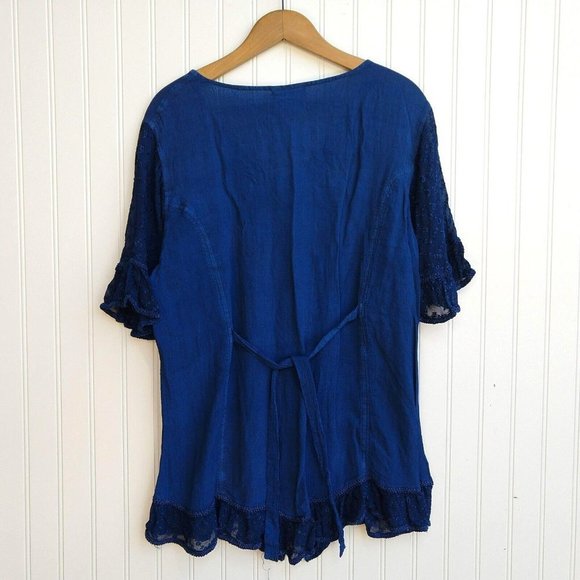 Holy Clothing Rachelle Tunic Top Size XL 1X Blue Ruffle Embroidered Tassels - Picture 10 of 11